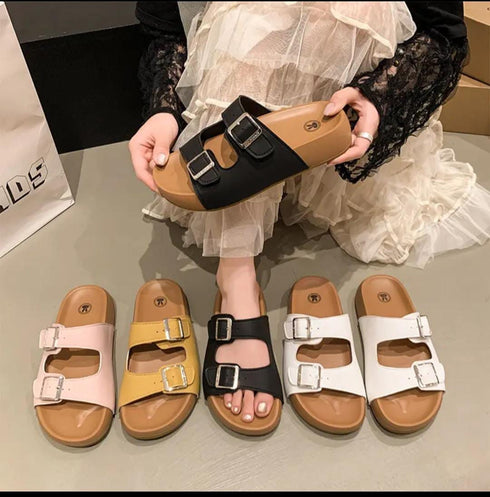 Double Buckle Open Toe Wedge Slide On